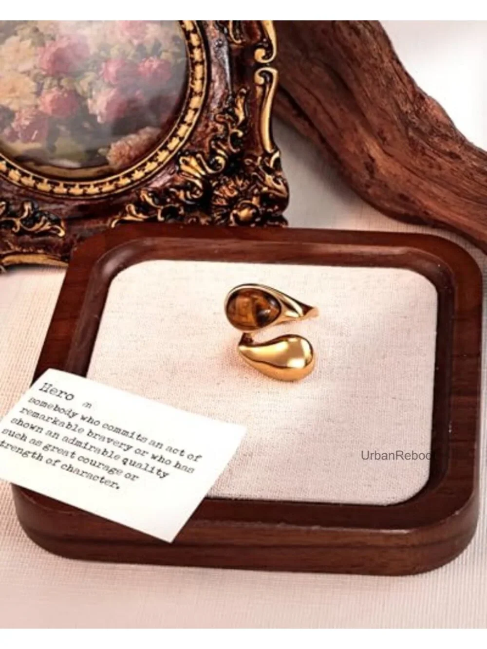 14K Gold Plated Tiger Eye Stone Chunky Open Ring Vintage Boho Adjustable